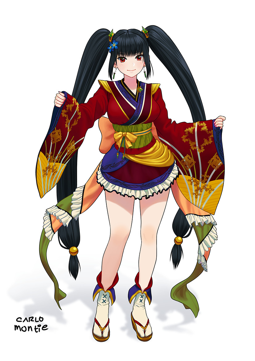 1girl artist_name black_hair carlo_montie character_request commission earrings flower full_body hair_flower hair_ornament japanese_clothes jewelry kimono long_hair long_sleeves looking_at_viewer low-tied_long_hair original red_eyes sidelocks simple_background smile solo standing twintails white_background white_footwear wide_sleeves