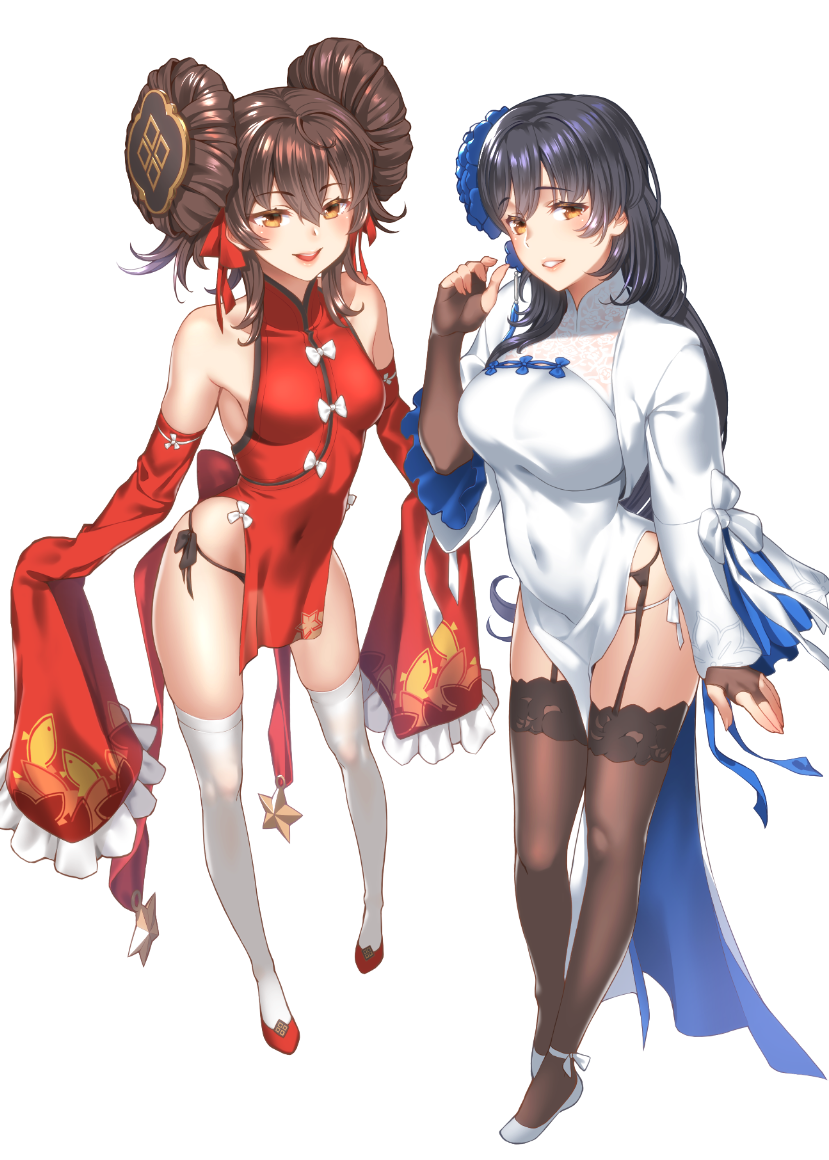 2girls :d alternate_costume alternate_hairstyle bangs black_hair black_panties blush breasts brown_gloves china_dress chinese_clothes covered_navel double_bun dress elbow_gloves eyebrows_visible_through_hair fingerless_gloves flower full_body garter_straps girls_frontline gloves hair_flower hair_ornament hairband hand_up large_breasts long_hair long_sleeves looking_at_viewer multiple_girls open_mouth panties parted_lips pelvic_curtain qbz-95_(girls_frontline) qbz-97_(girls_frontline) red_dress red_footwear saruchitan shoes siblings side-tie_panties sidelocks simple_background sisters sleeves_past_fingers sleeves_past_wrists smile thigh-highs underwear very_long_hair white_background white_dress white_gloves white_legwear white_panties yellow_eyes