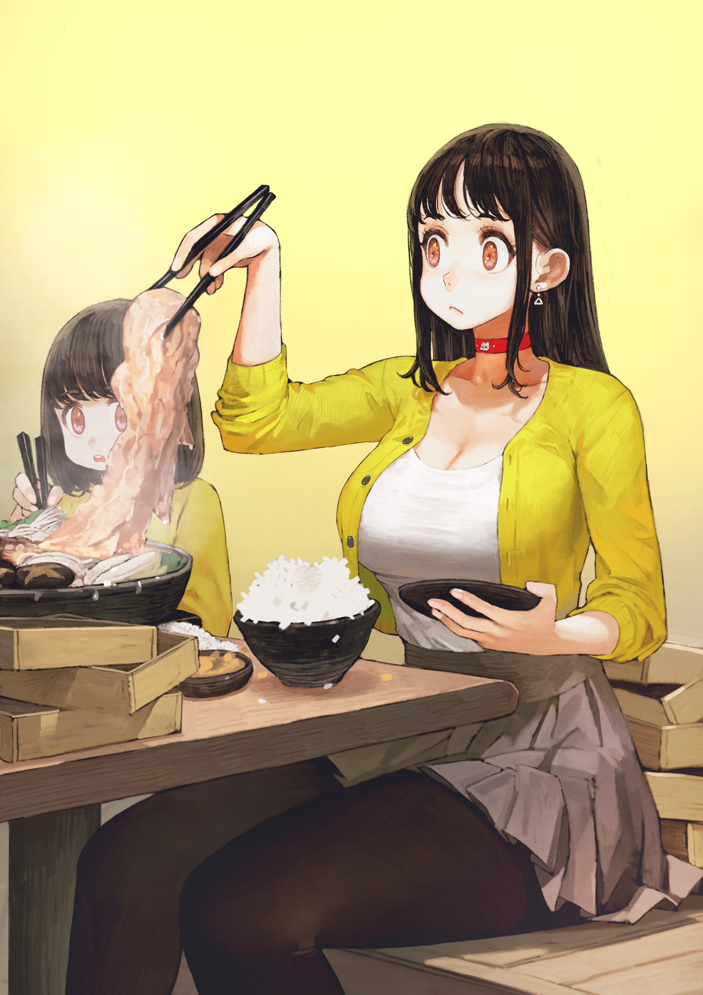 2girls bangs black_legwear blush bowl breasts brown_eyes brown_hair cardigan choker chopsticks cleavage earrings eyebrows_visible_through_hair food highres jewelry jun_(seojh1029) large_breasts long_hair meat multiple_girls mushroom open_mouth original pantyhose plate pleated_skirt rice rice_bowl sauce simple_background sitting skirt sukiyaki table tears towel