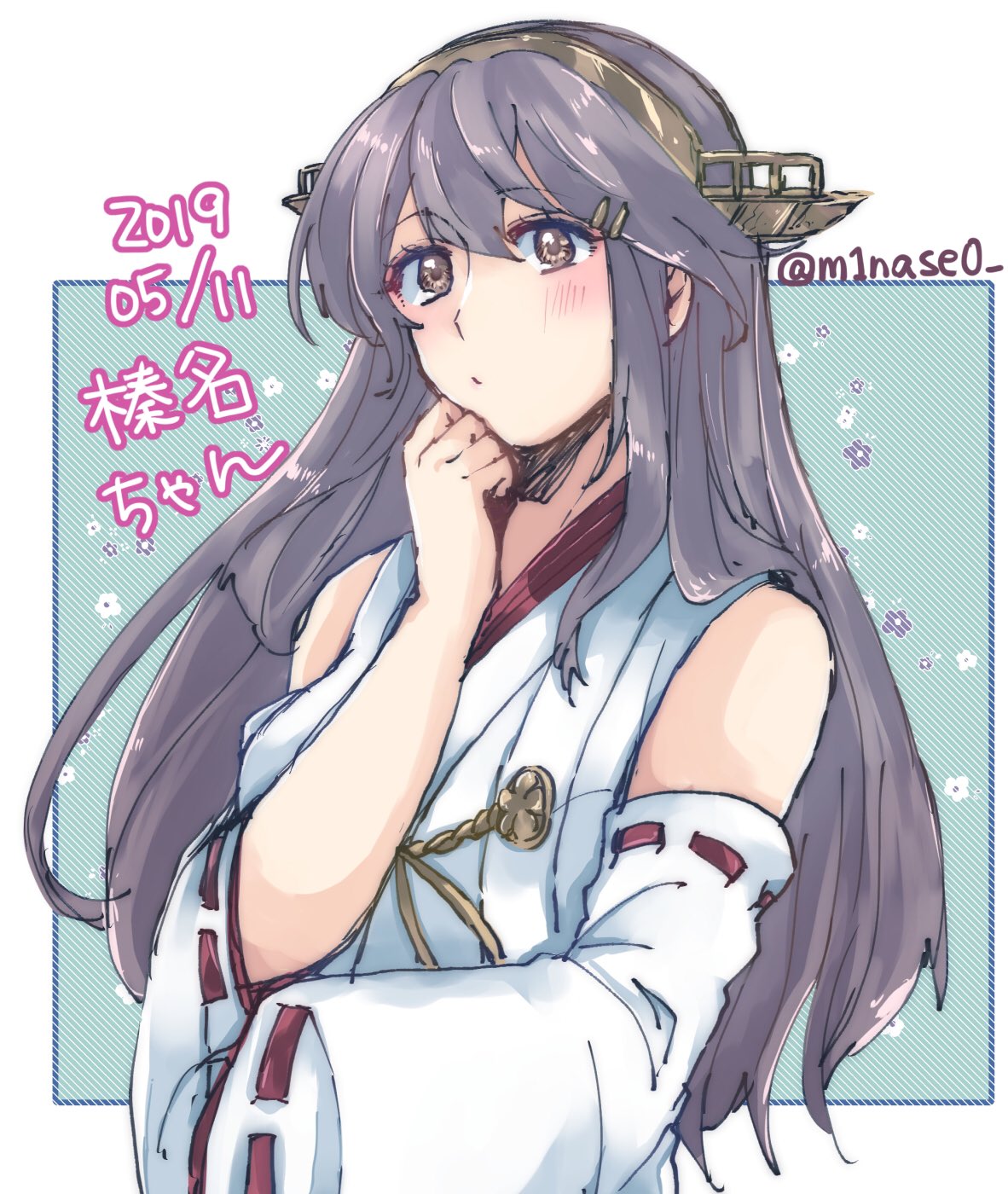 1girl bare_shoulders brown_eyes character_name dated detached_sleeves grey_hair hair_ornament hairclip haruna_(kantai_collection) headgear highres kantai_collection long_hair looking_to_the_side nontraditional_miko nun_(eri) remodel_(kantai_collection) solo twitter_username upper_body