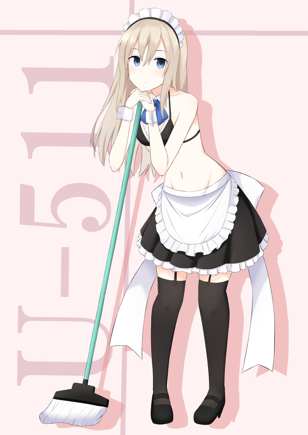 1girl akahi242 alternate_costume apron black_bikini_top black_footwear black_legwear black_skirt blonde_hair blue_eyes broom character_name commentary_request empty_eyes enmaided frilled_skirt frills full_body garter_straps highres kantai_collection long_hair looking_at_viewer maid maid_apron maid_bikini maid_headdress mary_janes midriff navel pleated_skirt shoes skirt solo swimsuit thigh-highs u-511_(kantai_collection) wrist_cuffs