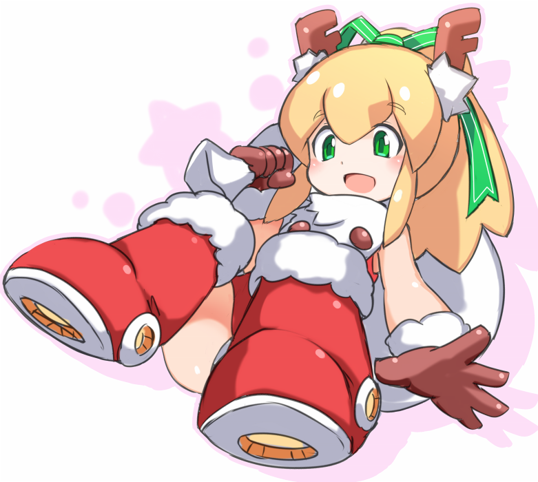 1girl :d antlers bangs bare_shoulders blonde_hair blush boots brown_gloves colored_shadow dress drop_shadow eyebrows_visible_through_hair full_body fur-trimmed_boots fur-trimmed_gloves fur_trim gloves green_eyes green_ribbon hair_between_eyes hair_ribbon high_ponytail holding holding_sack karukan_(monjya) knee_boots long_hair open_mouth ponytail red_dress red_footwear reindeer_antlers ribbon rockman rockman_(classic) roll sack shadow sleeveless sleeveless_dress smile solo star striped striped_ribbon