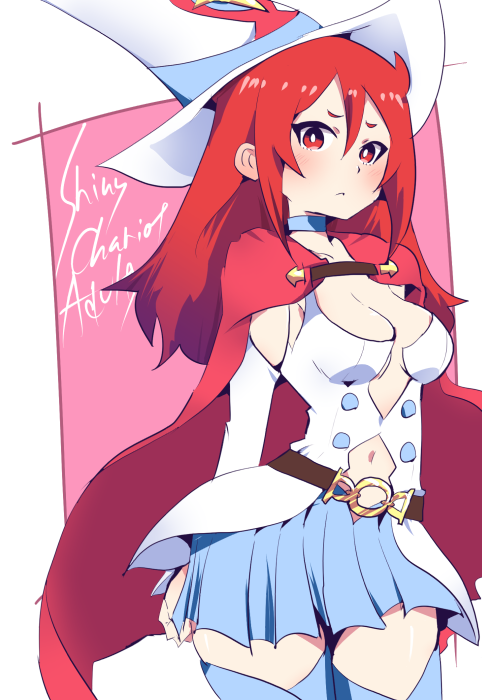 1girl arms_at_sides belt blue_choker blue_legwear blue_skirt breasts cape character_name choker cleavage hair_between_eyes hat hys-d little_witch_academia long_hair looking_at_viewer navel red_cape red_eyes redhead shiny_chariot sidelocks simple_background skirt standing thigh-highs witch witch_hat
