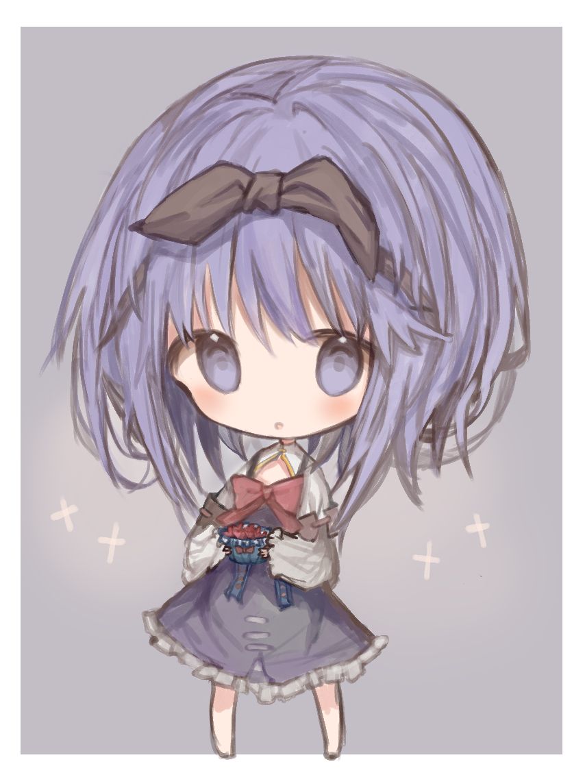 1girl :o bangs barefoot black_hairband black_ribbon blush bow bowl chibi cottontailtokki dress eyebrows_visible_through_hair frilled_dress frills full_body grey_background hair_between_eyes hair_ribbon hairband holding holding_bowl long_hair long_sleeves looking_at_viewer parted_lips purple_dress purple_hair red_bow ribbon shadowverse shingeki_no_bahamut sleeves_past_wrists solo spinaria_(shingeki_no_bahamut) standing two-tone_background violet_eyes white_background wide_sleeves