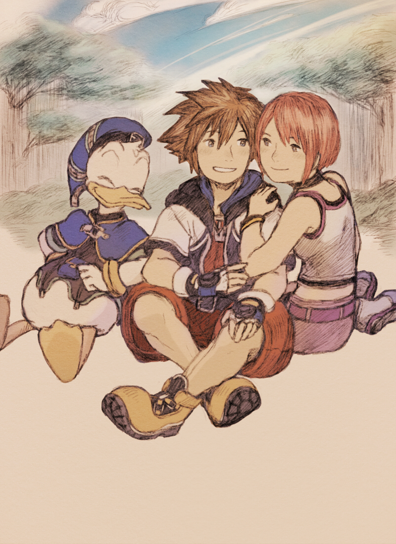 1girl brown_eyes brown_hair closed_mouth commentary_request donald_duck fingerless_gloves gloves jewelry kairi_(kingdom_hearts) kingdom_hearts kingdom_hearts_i maekakekamen multiple_boys necklace open_mouth redhead short_hair smile sora_(kingdom_hearts) spiky_hair