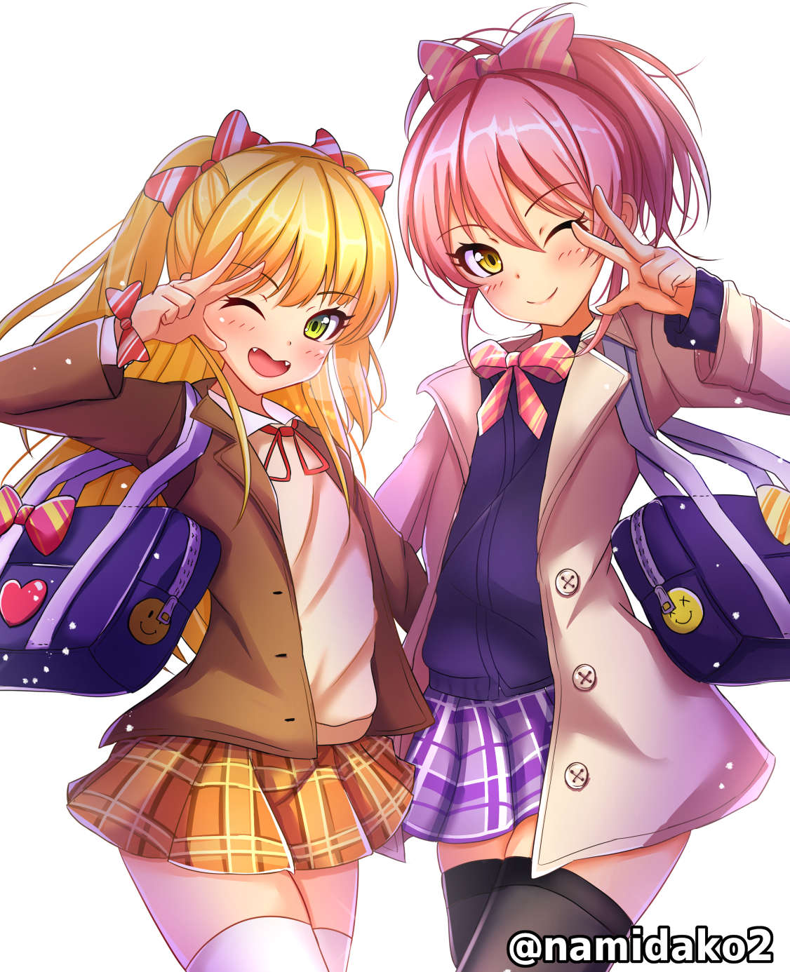 2girls ;) ;d bag black_legwear blonde_hair blue_cardigan blush bow bowtie brown_jacket coat collared_shirt fangs floating_hair green_eyes grey_coat hair_bow highres holding holding_bag idolmaster idolmaster_cinderella_girls idolmaster_cinderella_girls_starlight_stage jacket jougasaki_mika jougasaki_rika long_hair long_sleeves looking_at_viewer miniskirt multiple_girls namidako neck_ribbon one_eye_closed open_clothes open_coat open_jacket open_mouth orange_skirt pink_bow pink_hair pink_neckwear plaid plaid_skirt ponytail purple_skirt red_ribbon ribbon school_bag shirt simple_background skirt smile standing striped striped_bow striped_neckwear sweater thigh-highs twintails twitter_username very_long_hair w white_background white_legwear white_shirt white_sweater wing_collar yellow_eyes zettai_ryouiki