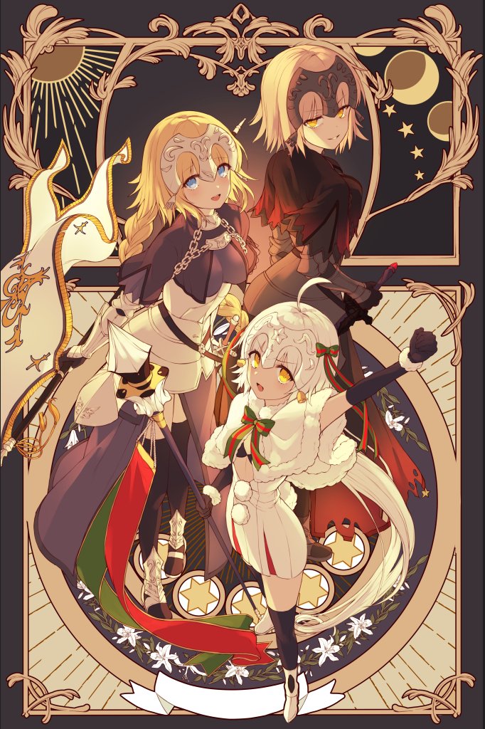 3girls armor bell black_gloves black_legwear blonde_hair blue_eyes blush bow braid breasts elbow_gloves eyebrows_visible_through_hair fate/grand_order fate_(series) gloves green_bow headpiece jeanne_d'arc_(alter)_(fate) jeanne_d'arc_(fate) jeanne_d'arc_(fate)_(all) jeanne_d'arc_alter_santa_lily kh_(kh_1128) large_breasts long_hair looking_at_viewer multicolored_bow multiple_girls open_mouth parted_lips red_bow short_hair small_breasts smile thigh-highs yellow_eyes