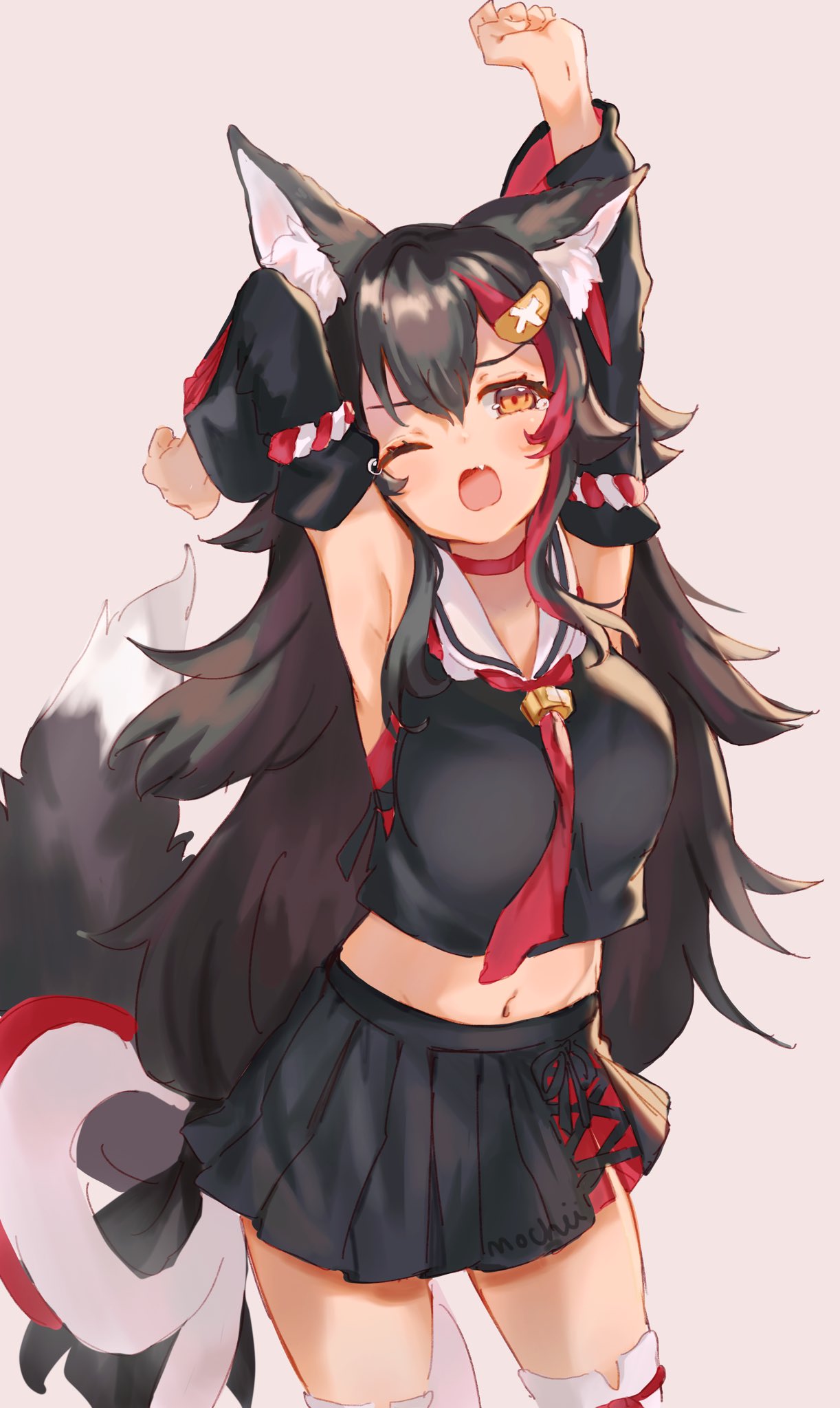 1girl animal_ear_fluff animal_ears armpits arms_up black_hair blush choker commentary cowboy_shot detached_sleeves english_commentary fang hair_ornament hairclip highres hololive japanese_clothes kouhaku_nawa long_hair looking_to_the_side mochii multicolored_hair navel one_eye_closed ookami_mio open_mouth red_choker redhead signature simple_background sketch solo standing streaked_hair stretch tail thigh-highs very_long_hair virtual_youtuber wide_sleeves wolf_ears wolf_tail yawning yellow_eyes zettai_ryouiki