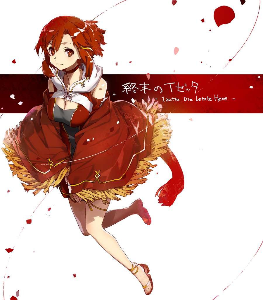 1girl bare_legs bunbun character_name choker closed_mouth dress full_body hair_ribbon hood hoodie izetta light_smile petals red_eyes redhead ribbon sandals shawl short_dress short_hair shoulder_cutout shuumatsu_no_izetta simple_background solo tress_ribbon white_background