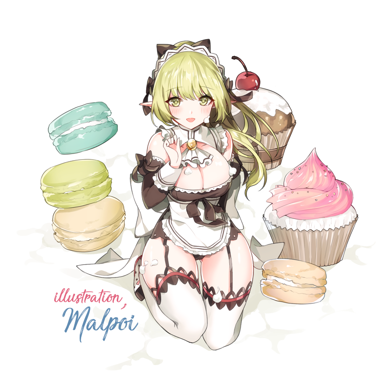 1girl alternate_costume apron black_bow black_panties bow breasts cherry cleavage cravat cupcake elsword enmaided food fruit full_body green_eyes green_hair hair_bow kneeling large_breasts long_hair looking_at_viewer macaron maid mal_poi open_mouth panties pointy_ears ponytail rena_erindel simple_background smile solo thigh-highs thigh_strap thighs underwear white_apron white_background white_legwear white_neckwear