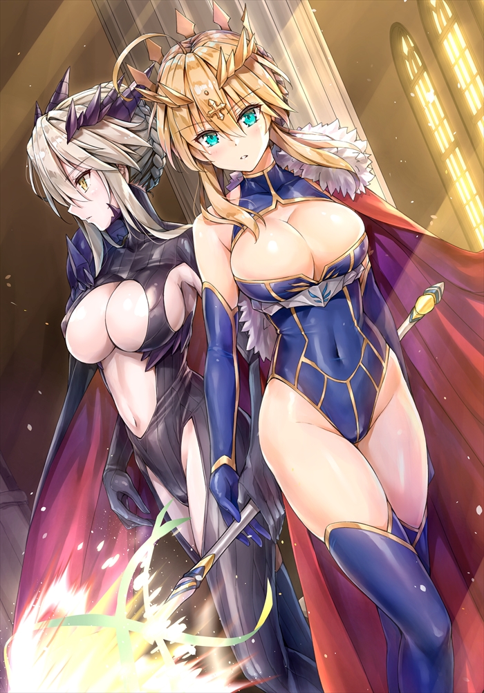2girls ahoge armpit_cutout artoria_pendragon_(all) artoria_pendragon_(lancer) artoria_pendragon_(lancer_alter) bangs black_bodysuit black_leotard blonde_hair blue_gloves blue_legwear blue_leotard blush bodysuit braid breasts cape center_opening cleavage cleavage_cutout covered_navel cross crown dark_persona elbow_gloves eyebrows_visible_through_hair fate/grand_order fate_(series) french_braid fur-trimmed_cape fur_trim gloves green_eyes groin hair_between_eyes holding_lance horns indoors kotatsu_(kotatsu358) large_breasts leotard light_particles long_hair looking_at_viewer multiple_girls navel parted_lips red_cape rhongomyniad sidelocks skindentation sunset swept_bangs thigh-highs thigh_cutout under_boob yellow_eyes