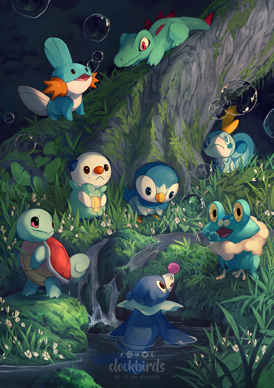 6+others :&lt; artist_name beak bubble clockbirds creatures_(company) fang flower forest froakie frown game_freak gen_1_pokemon gen_2_pokemon gen_3_pokemon gen_4_pokemon gen_5_pokemon gen_6_pokemon gen_7_pokemon gen_8_pokemon grass highres leaf mudkip multiple_others nature nintendo no_humans open_mouth oshawott partially_submerged piplup pokemon pokemon_(creature) popplio sobble squirtle tail totodile turtle_shell water waterfall