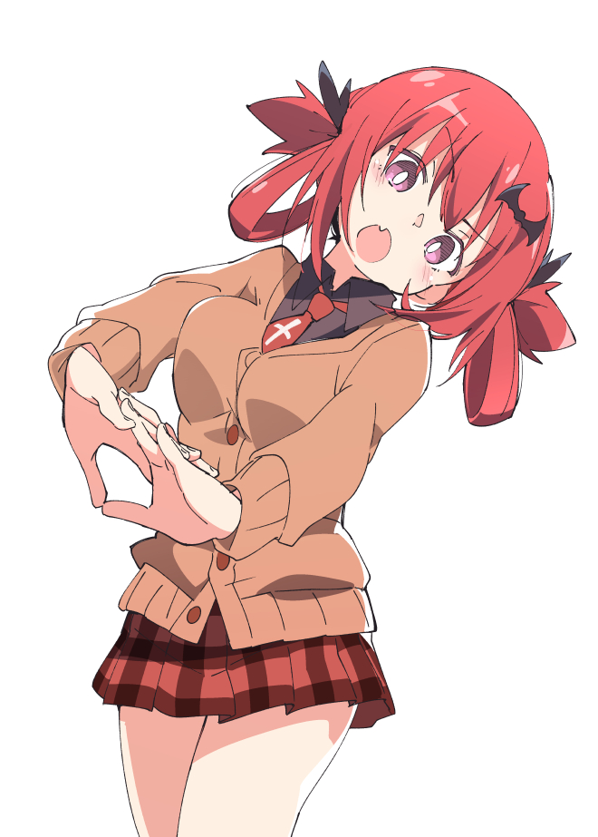 1girl bat_hair_ornament black_shirt blush brown_cardigan cardigan fang gabriel_dropout hair_ornament ixy kurumizawa_satanichia_mcdowell long_sleeves looking_at_viewer necktie open_mouth plaid plaid_skirt red_neckwear red_skirt redhead shirt simple_background skirt solo violet_eyes white_background