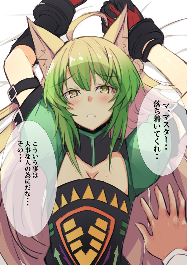 1girl ahoge animal_ear_fluff animal_ears arms_up atalanta_(fate) blonde_hair blush breasts cat_ears cleavage commentary commentary_request fate/grand_order fate_(series) gloves green_hair hair_between_eyes looking_at_viewer lying multicolored_hair nahu on_back solo_focus sweat translation_request yellow_eyes