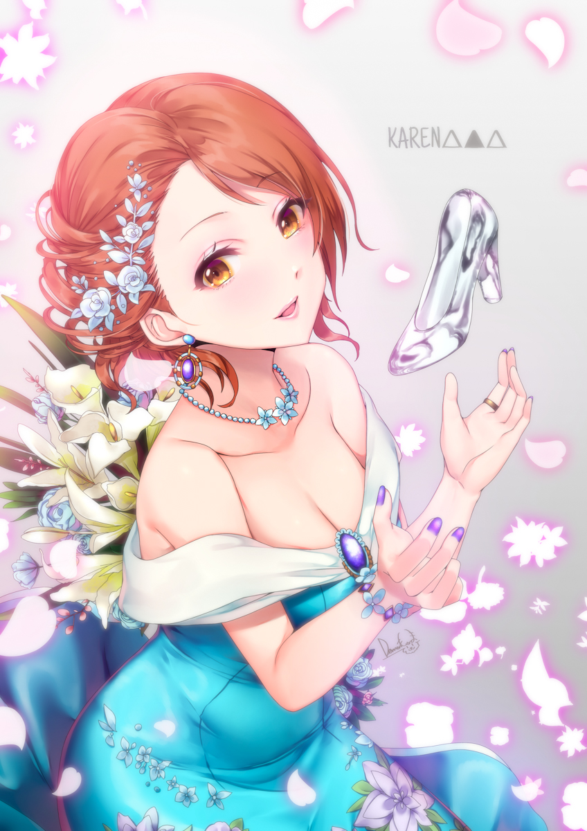 1girl alternate_hairstyle bangs blue_dress bracelet breasts brown_hair character_name cleavage collarbone dress earrings eyebrows_visible_through_hair floral_print flower glass_slipper grey_background hair_flower hair_ornament highres houjou_karen idolmaster idolmaster_cinderella_girls jewelry looking_at_viewer maou(demonlord) medium_breasts necklace off-shoulder_dress off_shoulder open_mouth petals ring signature simple_background smile solo triangle upper_body yellow_eyes