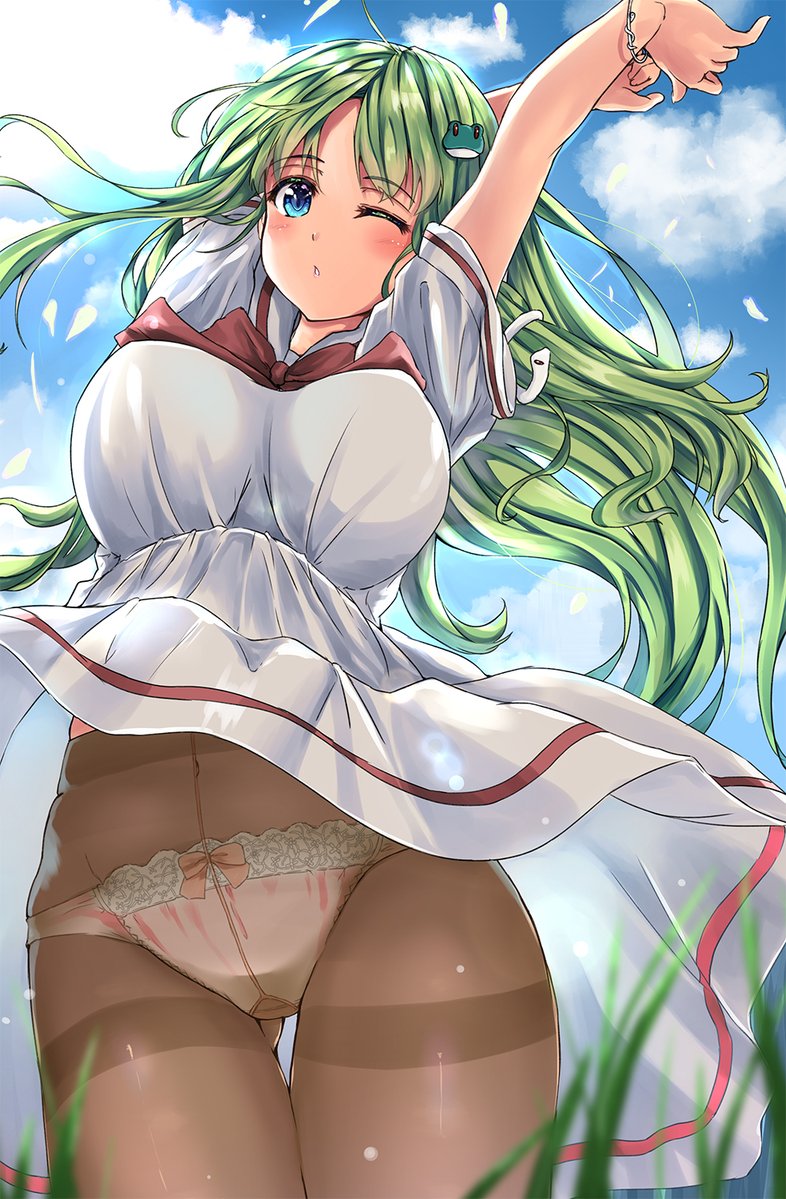 1girl alternate_costume alternate_outfit bangs blue_eyes blue_sky blush bowtie bracelet breasts clouds dress frog_hair_ornament grass green_hair kochiya_sanae long_hair open_mouth pantyhose pantyshot pink_panties sky snake_hair_ornament stretching_arm sunlight tall_grass white_dress wink