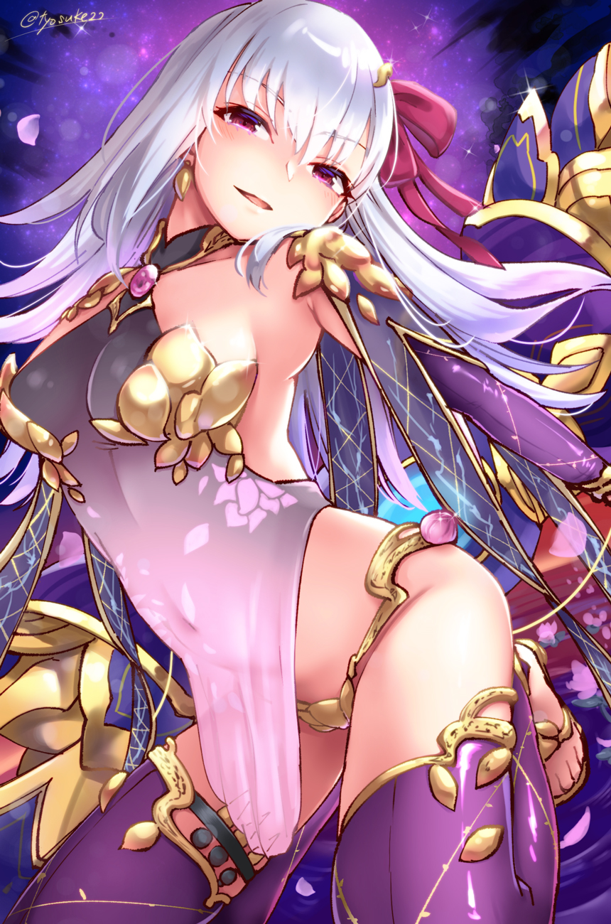 1girl armlet armor bangs bikini_armor blush breasts chiyosuke_(nosuke21) covered_navel detached_sleeves dress earrings fate/grand_order fate_(series) hair_ribbon highres jewelry kama_(fate/grand_order) long_hair looking_at_viewer medium_breasts open_mouth parted_lips petals pink_ribbon purple_dress purple_legwear purple_sleeves red_eyes ribbon sandals silver_hair smile solo thighlet thighs twitter_username vajra vajra_(object)
