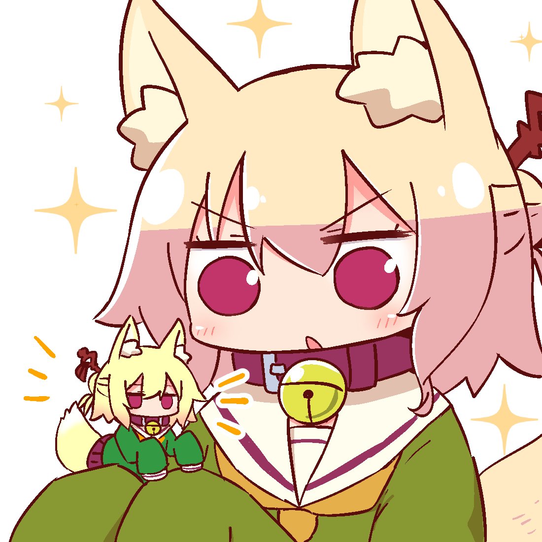 2girls animal_ear_fluff animal_ears bangs bell bell_collar blonde_hair blush brown_collar collar commentary_request eyebrows_visible_through_hair fox_ears fox_girl fox_tail green_shirt hair_between_eyes hair_bun hair_ornament jingle_bell kemomimi-chan_(naga_u) long_hair long_sleeves minigirl multiple_girls naga_u orange_neckwear original parted_lips pleated_skirt purple_skirt red_eyes sailor_collar shirt sidelocks simple_background skirt sleeves_past_fingers sleeves_past_wrists sparkle tail v-shaped_eyebrows white_background white_sailor_collar