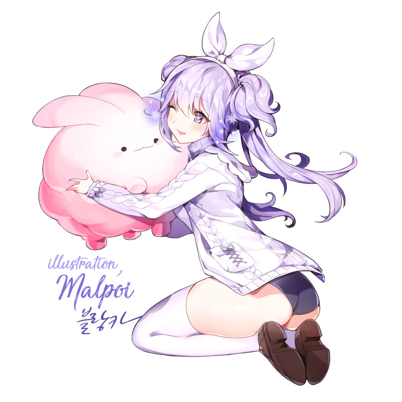 1girl :d artist_name black_panties bow brown_footwear character_request commission creature elsword full_body hair_bow hairband kneeling long_hair mal_poi open_mouth panties purple_hair shoes simple_background smile solo sweater thigh-highs two_side_up underwear violet_eyes white_background white_bow white_hairband white_legwear white_sweater