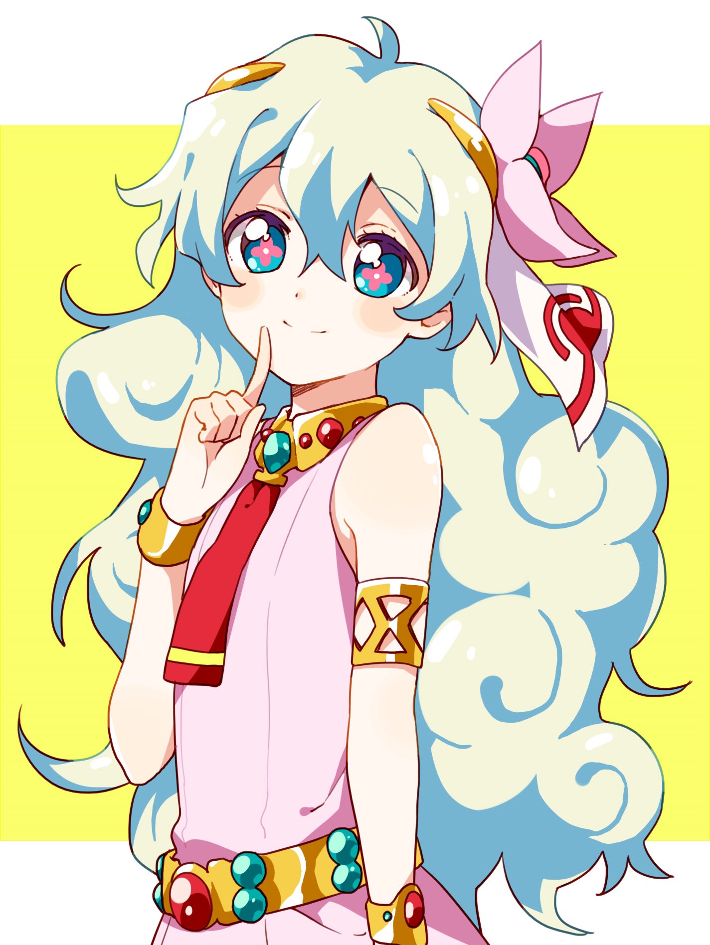 +_+ ahoge armlet belt blue_eyes bracelet cloud_hair flower hair_flower hair_ornament highres jewelry multicolored_hair namori nia_teppelin red_neckwear tengen_toppa_gurren_lagann two-tone_hair