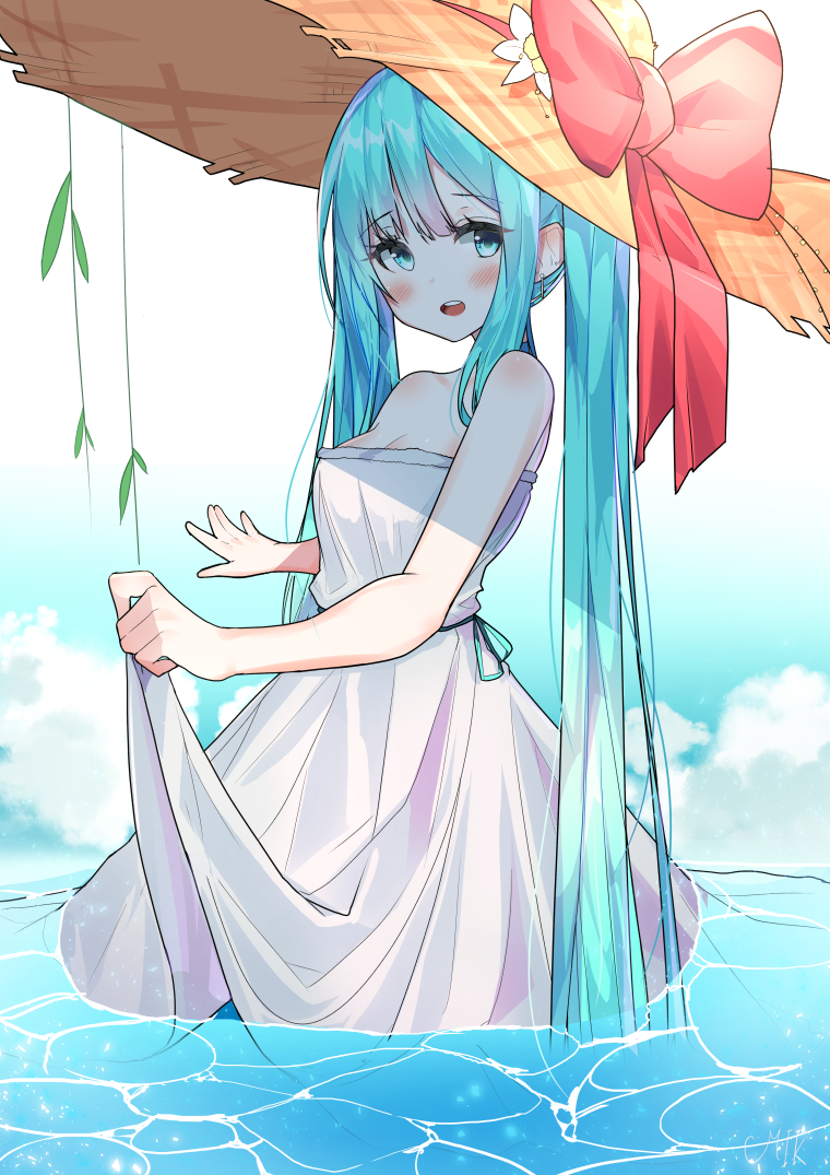 1girl bangs bare_arms bare_shoulders blue_eyes blue_hair blue_sky blush bow breasts cleavage clouds day dress eyebrows_visible_through_hair flower hair_between_eyes hat hat_bow hat_flower hatsune_miku long_hair medium_breasts open_mouth outdoors red_bow round_teeth skirt_hold sky solo strapless strapless_dress straw_hat teeth twintails upper_teeth very_long_hair vocaloid w.k wading water white_dress white_flower