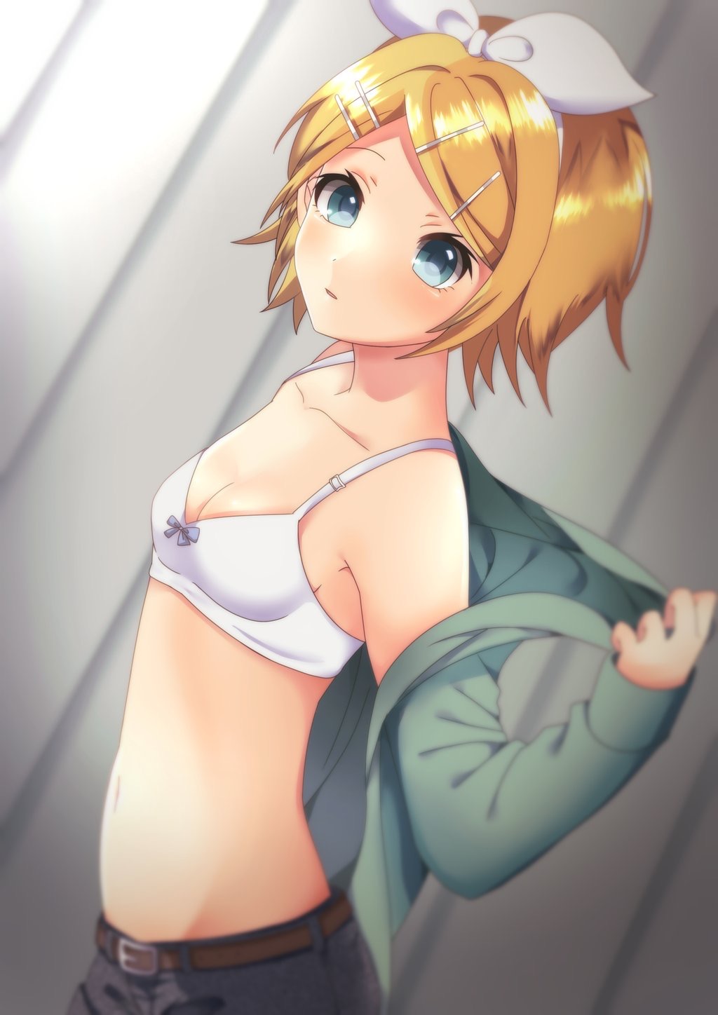 1girl bangs belt belt_buckle black_shorts blonde_hair blue_eyes bow bow_bra bra breasts buckle cleavage collarbone from_side green_jacket grey_bow groin hair_bow hair_ornament hairband hairclip highres jacket kagamine_rin looking_at_viewer memekemama midriff navel open_clothes open_jacket parted_bangs parted_lips shiny shiny_hair short_hair short_shorts shorts sideboob small_breasts solo standing stomach underwear undressing upper_body vocaloid white_bow white_bra white_hairband