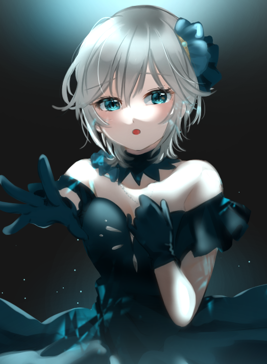 1girl :o anastasia_(idolmaster) black_background black_dress black_gloves choker dress eyebrows_visible_through_hair gloves green_eyes hair_between_eyes hair_ornament haruno_(haruno_na) idolmaster idolmaster_cinderella_girls jewelry looking_at_viewer necklace off_shoulder outstretched_arm outstretched_hand short_hair silver_hair sleeveless sleeveless_dress solo standing