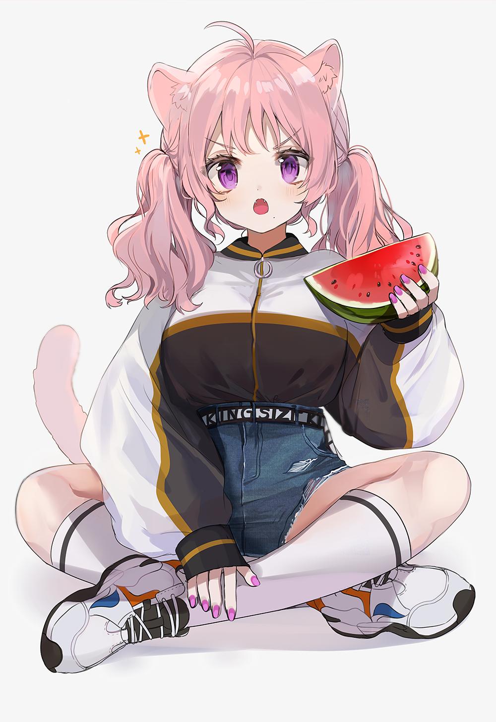 1girl ahoge animal_ears bangs black_jacket blush cat_ears cat_girl cat_tail denim denim_shorts fangs food fruit full_body high-waist_shorts highres holding holding_food jacket legs_crossed long_sleeves looking_at_viewer low_twintails mid_(gameshe) nail_polish open_mouth original pink_hair pink_nails puffy_sleeves shoes short_shorts shorts simple_background sitting sleeves_past_wrists sneakers socks tail track_jacket twintails violet_eyes watermelon white_jacket white_legwear