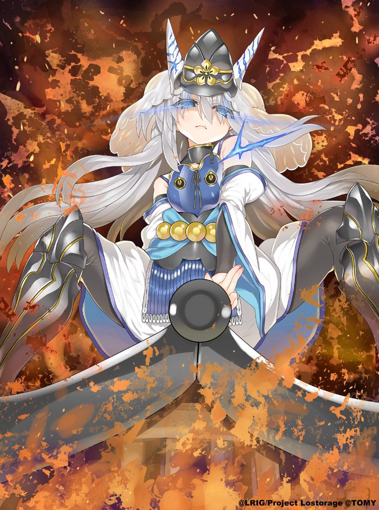 1girl armored_boots bangs bare_shoulders black_footwear black_headwear black_legwear blue_eyes boots burning char character_request closed_mouth commentary_request eyebrows_visible_through_hair fingernails fire glowing glowing_eyes grey_hair hair_between_eyes hat horns japanese_clothes kimono knee_boots long_hair long_sleeves looking_at_viewer official_art pantyhose sitting solo spread_legs veil very_long_hair watermark white_kimono wide_sleeves wixoss