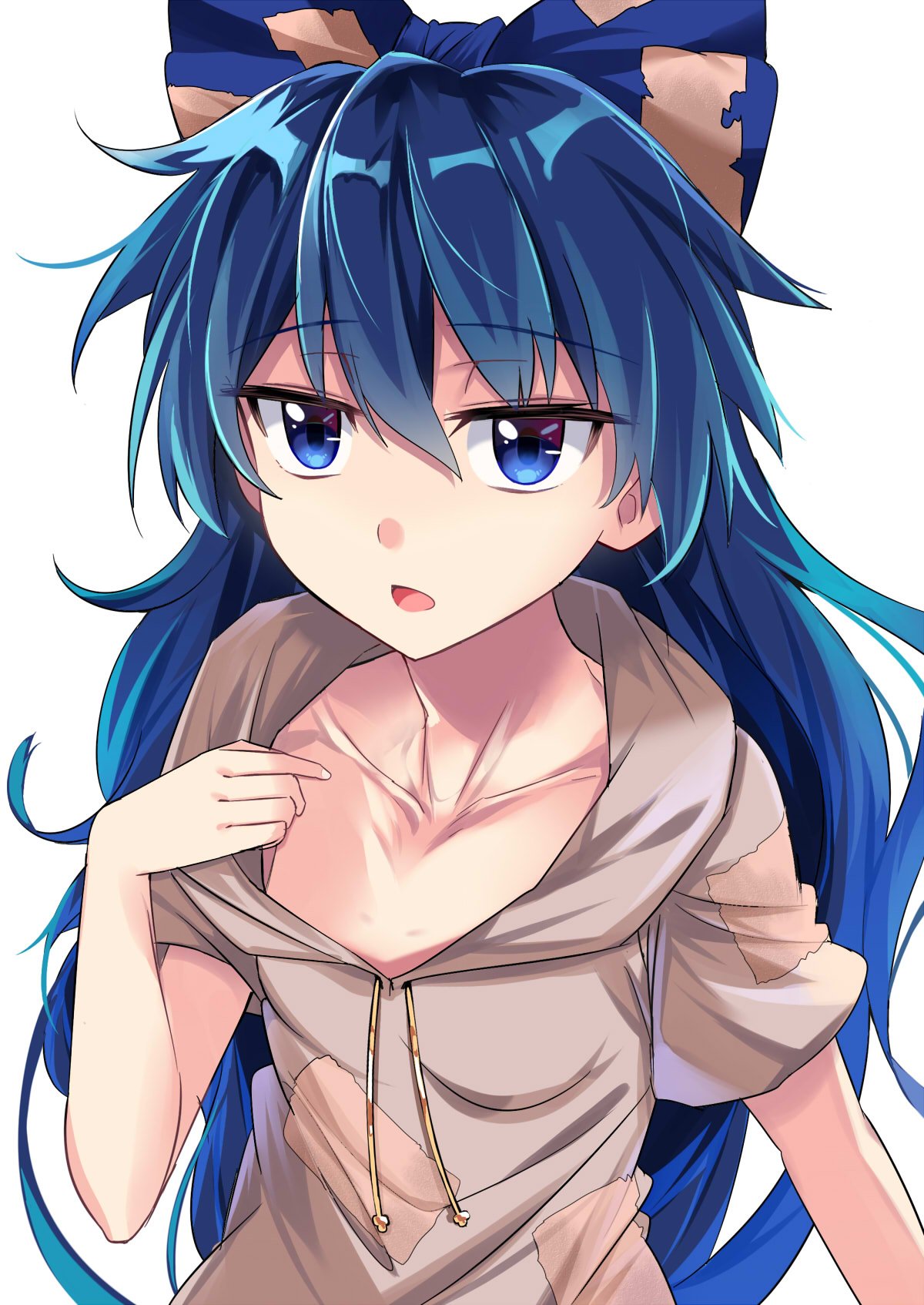 1girl bangs blue_bow blue_eyes blue_hair bow breasts collarbone commentary_request debt drawstring e.o. eyebrows_visible_through_hair grey_hoodie hair_between_eyes hair_bow hand_up highres hood hoodie long_hair looking_at_viewer open_mouth short_sleeves simple_background small_breasts solo touhou upper_body very_long_hair white_background yorigami_shion