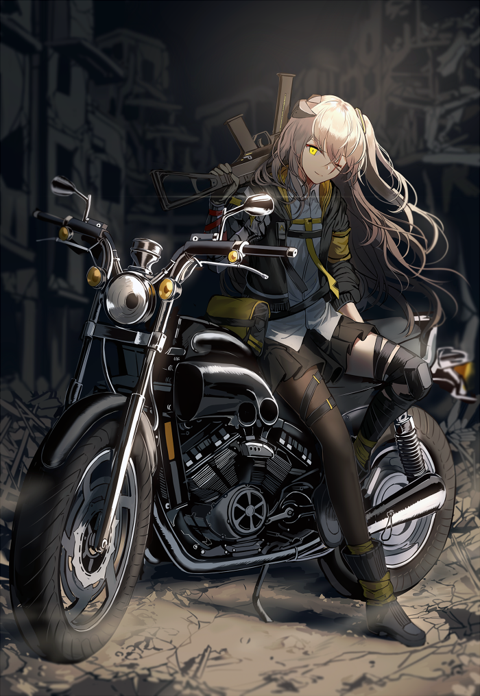 1girl bangs black_legwear boots brown_hair floating_hair full_body girls_frontline gloves ground_vehicle gun h&amp;k_ump h&amp;k_ump45 hair_between_eyes hair_ornament headgear heckler_&amp;_koch holding holding_gun holding_weapon hood hood_down hooded_jacket jacket leaning_against_motorcycle light_brown_hair long_hair looking_at_viewer mod3_(girls_frontline) motor_vehicle motorcycle one-eyed one_side_up open_clothes scar scar_across_eye shirt silence_girl single_knee_pad single_leg_pantyhose skirt smile solo submachine_gun ump45_(girls_frontline) weapon yellow_eyes