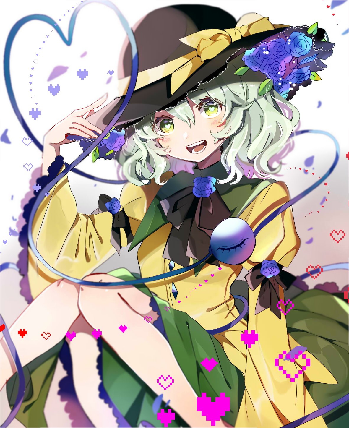 1girl :d arm_ribbon bangs black_headwear black_neckwear black_ribbon blue_flower blue_rose blush bow commentary_request feet_out_of_frame flower frilled_sleeves frills gradient gradient_background green_eyes green_hair green_skirt grey_background hair_between_eyes hand_up hat hat_bow hat_flower heart heart-shaped_pupils heart_of_string highres juliet_sleeves knees_together_feet_apart knees_up koishi_day komeiji_koishi leaf long_sleeves looking_at_viewer neck_ribbon open_mouth petals puffy_sleeves ribbon rose satoupote shirt short_hair sitting skirt smile solo symbol-shaped_pupils third_eye touhou white_background wide_sleeves yellow_bow yellow_shirt