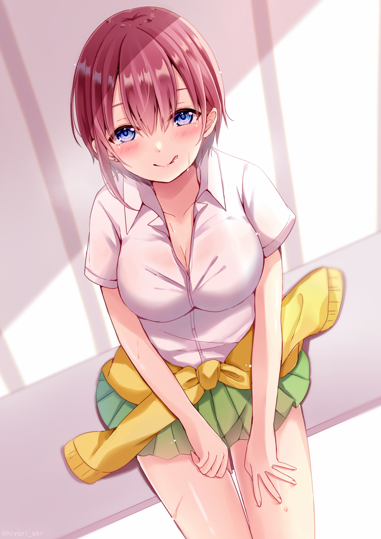 1girl :q bangs blue_eyes blush breasts brown_hair cardigan cardigan_around_waist cleavage closed_mouth clothes_around_waist collared_shirt commentary_request dress_shirt eyebrows_visible_through_hair fingernails go-toubun_no_hanayome green_skirt hair_between_eyes looking_at_viewer medium_breasts nakano_ichika pleated_skirt sakura_hiyori shirt short_sleeves sitting skirt smile solo sweat tongue tongue_out white_shirt yellow_cardigan