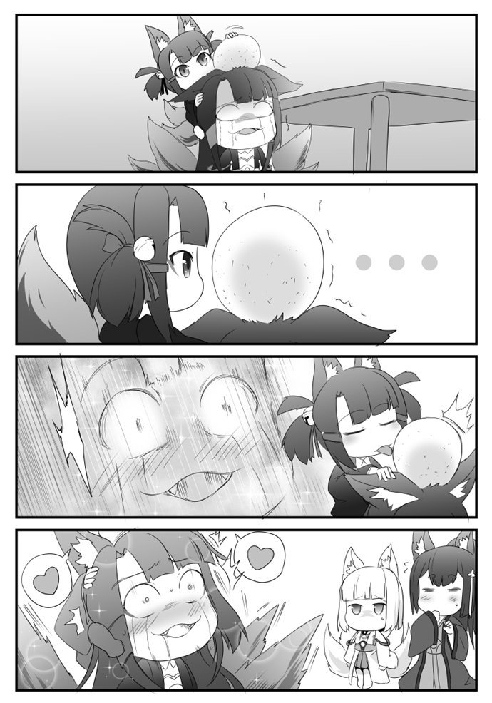 4girls akagi-chan_(azur_lane) akagi_(azur_lane) amagi_(azur_lane) animal_ears azur_lane bell comic crying crying_with_eyes_open fox_ears fox_girl fox_tail greyscale hair_bell hair_ornament japanese_clothes kaga_(azur_lane) licking long_hair long_sleeves monochrome multiple_girls silent_comic steed_(steed_enterprise) tail tears trembling