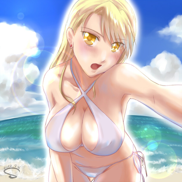 1girl 2012 beach bikini blonde_hair blue_sky breasts cleavage clouds collarbone criss-cross_halter dated day earrings erect_nipples fullmetal_alchemist halterneck jewelry large_breasts lens_flare long_hair looking_at_viewer mole mole_under_mouth ocean open_mouth outdoors riza_hawkeye s_(s_r2) shiny shiny_hair sideboob sky solo swimsuit thigh_gap white_bikini yellow_eyes