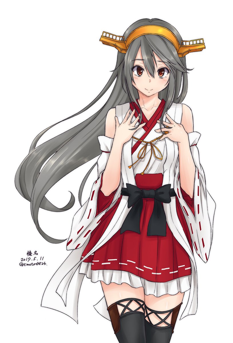 1girl bare_shoulders boots brown_eyes character_name cowboy_shot dated detached_sleeves grey_hair hair_ornament hairclip hakama_skirt hands_on_own_chest haruna_(kantai_collection) highres kantai_collection long_hair looking_at_viewer nontraditional_miko red_skirt remodel_(kantai_collection) simple_background skirt smile solo thigh-highs thigh_boots timato twitter_username white_background