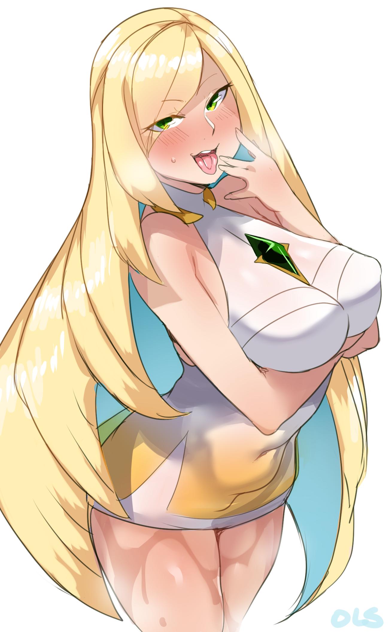 1girl arm_under_breasts bare_arms blonde_hair blush breast_hold breasts breath covered_navel cowboy_shot creatures_(company) crystal diamond_(gemstone) dress erect_nipples eyebrows_visible_through_hair eyes_visible_through_hair game_freak gem green_eyes hair_over_one_eye heavy_breathing highres large_breasts lightsource long_hair looking_at_viewer lusamine_(pokemon) multicolored multicolored_clothes nintendo no_pants open_mouth pokemon pokemon_(anime) pokemon_(game) pokemon_sm pokemon_sm_(anime) short_dress simple_background sleeveless sleeveless_dress solo standing sweat tongue tongue_out white_background