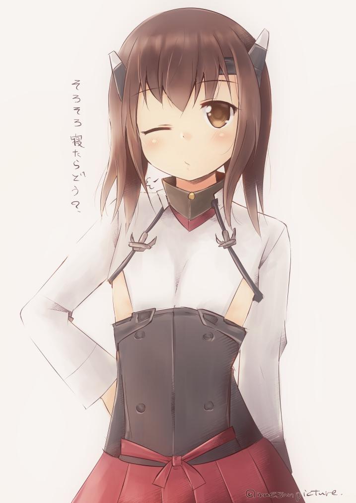 1girl =3 bangs blush brown_eyes brown_hair corset eyebrows_visible_through_hair flat_chest hair_between_eyes headband headgear kantai_collection long_sleeves mae_(maesanpicture) muneate one_eye_closed pleated_skirt red_skirt short_hair simple_background skirt solo taihou_(kantai_collection) translation_request twitter_username white_background