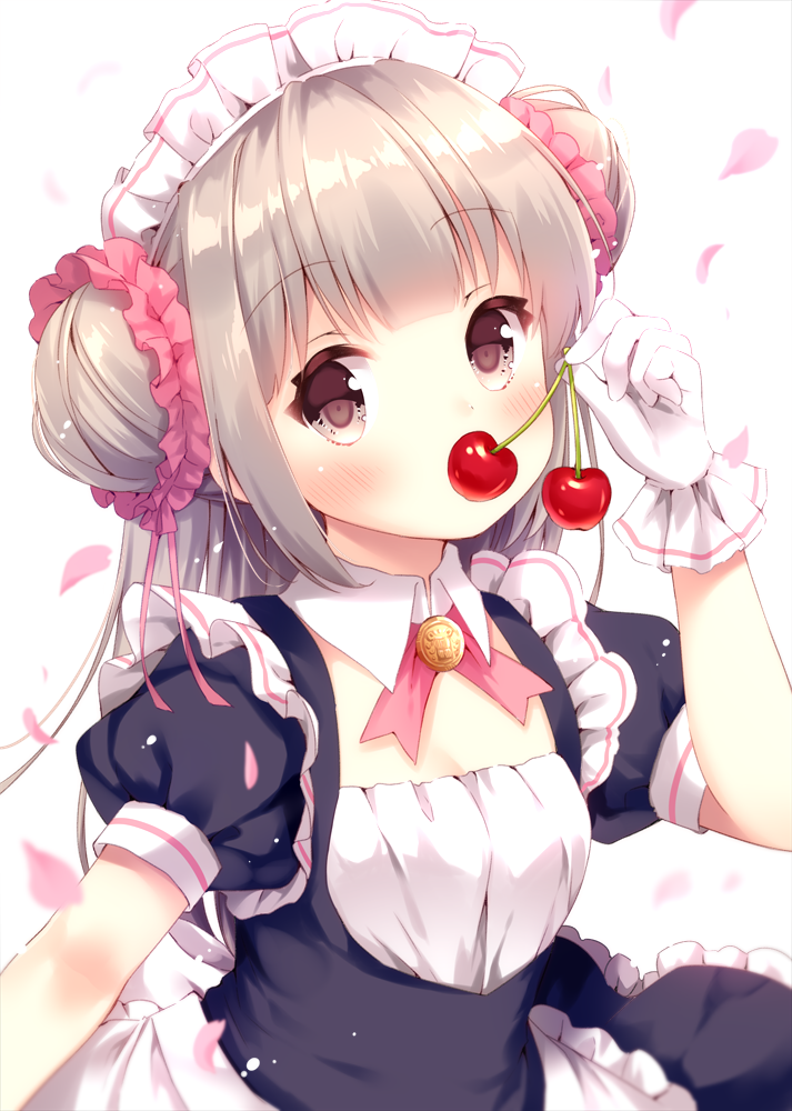 1girl apron black_dress blush breasts brown_eyes brown_hair cherry commentary_request covered_mouth double_bun dress food frilled_apron frilled_dress frills fruit gloves hair_ornament hair_scrunchie hand_up holding holding_food irori long_hair looking_at_viewer maid maid_headdress original pink_scrunchie puffy_short_sleeves puffy_sleeves scrunchie short_sleeves side_bun small_breasts solo very_long_hair waist_apron white_apron white_gloves