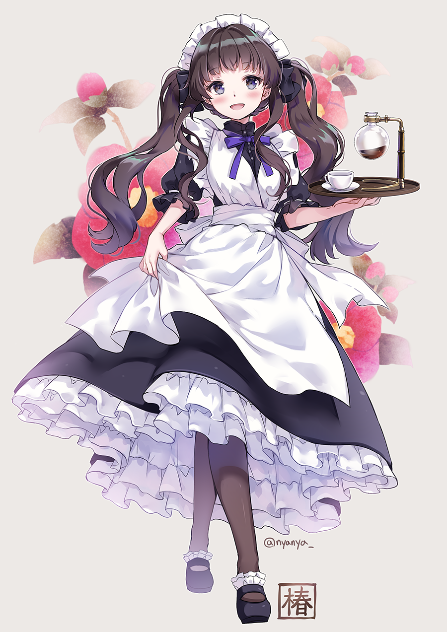 1girl :d apron bangs black_bow black_dress black_footwear blush bow brown_background brown_hair brown_legwear commentary_request cup dress eyebrows_visible_through_hair floral_background flower frilled_dress frills full_body grey_eyes hair_flower hair_ornament head_tilt highres holding holding_tray long_hair maid maid_apron maid_headdress nyanya open_mouth original pantyhose puffy_short_sleeves puffy_sleeves red_flower saucer shoes short_sleeves smile solo tray twintails twitter_username very_long_hair white_apron