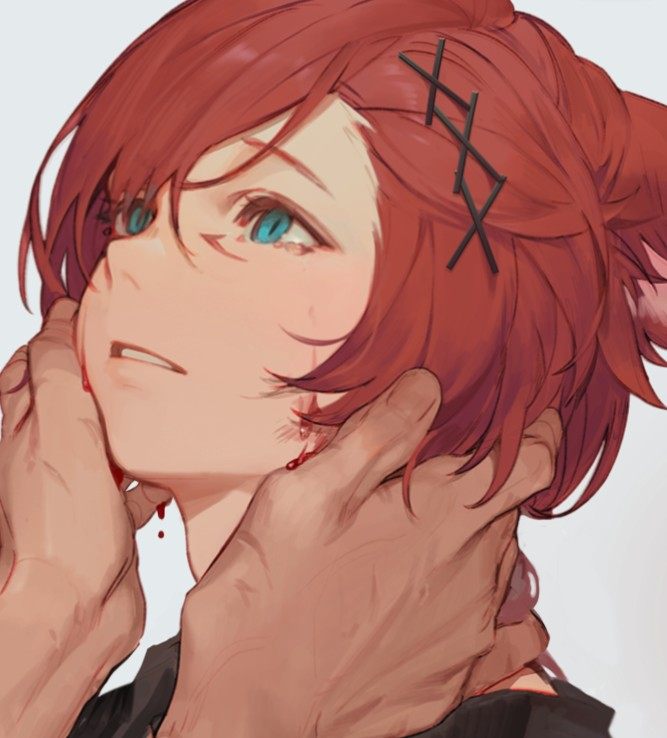 1boy animal_ears bangs blood blood_on_face blue_eyes cat_ears facial_mark ffxivys final_fantasy final_fantasy_xiv g'raha_tia hair_between_eyes hair_ornament hairclip hand_in_another's_hair hands_on_another's_cheeks hands_on_another's_face looking_away looking_up male_focus miqo'te parted_lips portrait redhead short_hair simple_background smile solo_focus tearing_up white_background worried x_hair_ornament