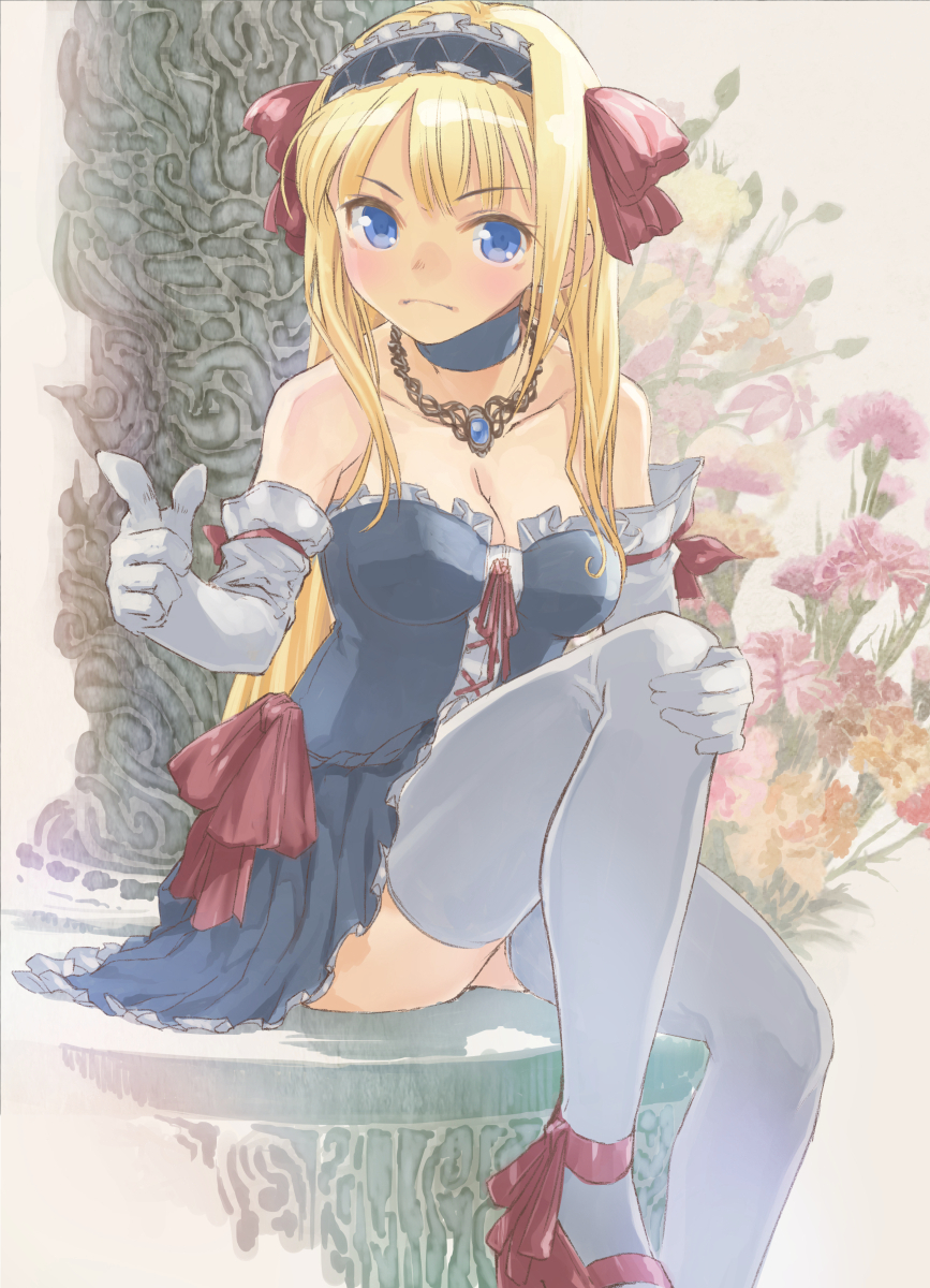 1girl ankle_bow ankle_ribbon bangs bare_shoulders blonde_hair blue_eyes bow breasts cleavage closed_mouth commentary_request cross-laced_clothes elbow_gloves eyebrows_visible_through_hair frown gloves hand_on_own_knee highres hirokiku index_finger_raised knee_up long_hair looking_at_viewer original red_footwear ribbon sitting solo