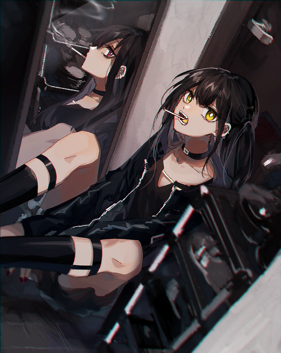 1girl bangs between_legs black_choker black_hair black_jacket black_legwear blurry blurry_foreground brown_shirt choker collarbone commentary_request danjou_sora depth_of_field different_reflection door dutch_angle eyebrows_visible_through_hair fingernails hair_between_eyes hand_between_legs indoors jacket long_hair mirror nail_polish one_side_up open_clothes open_jacket original red_eyes red_nails reflection shirt sitting socks solo yellow_eyes