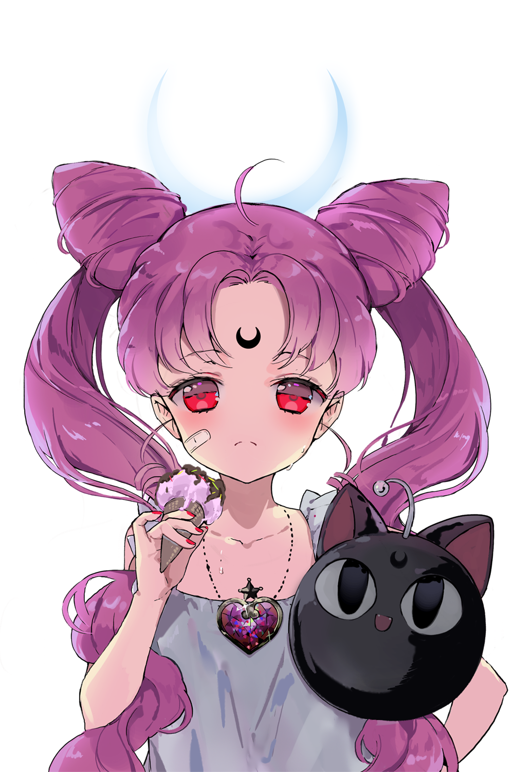 1girl ahoge bandaid bangs bishoujo_senshi_sailor_moon black_lady blouse blush chibi_usa closed_mouth collarbone crescent double_bun facial_mark fingernails food forehead_mark frown highres ice_cream jewelry long_hair luna-p necklace no_nose parted_bangs pink_hair primcoco red_eyes red_nails simple_background solo twintails white_background white_blouse