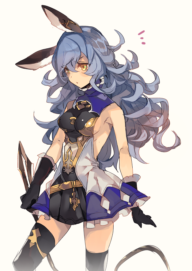 1girl animal_ears bare_shoulders belt black_gloves blue_hair blue_skirt blush breasts brown_eyes cape earrings erune ferry_(granblue_fantasy) gloves granblue_fantasy hyakuhachi_(over3) jewelry long_hair loose_belt rabbit_ears sideboob simple_background single_earring skirt small_breasts solo wavy_hair yellow_eyes