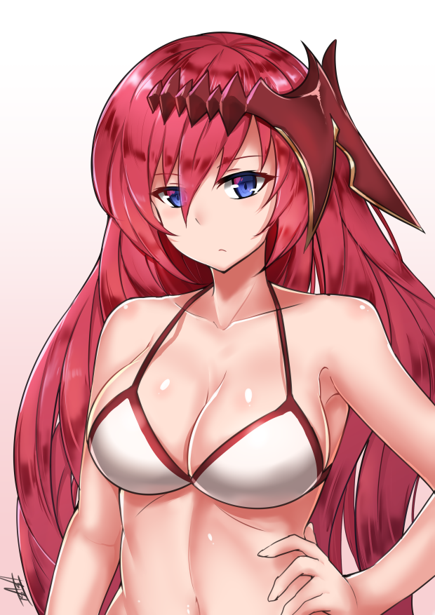 1girl armpits bangs bare_arms bare_shoulders bikini blue_eyes blush breasts brown_background cleavage closed_mouth collarbone commentary_request eyebrows_visible_through_hair godguard_brodia gradient gradient_background granblue_fantasy hair_between_eyes hand_on_hip head_tilt headpiece long_hair looking_at_viewer medium_breasts navel redhead rumiya9i signature solo swimsuit upper_body very_long_hair white_background white_bikini