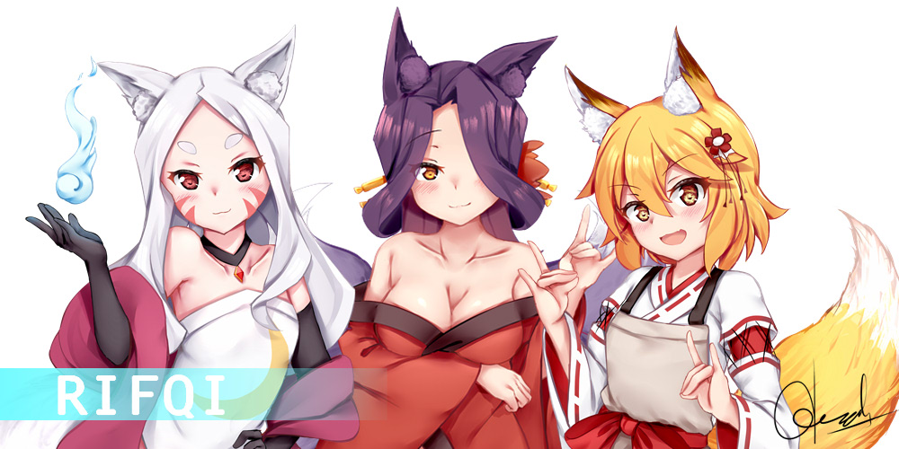 3girls animal_ear_fluff animal_ears apron bangs black_gloves blonde_hair blue_fire blush breasts brown_apron brown_eyes character_request chrisandita cleavage commentary commission double_fox_shadow_puppet dress elbow_gloves english_commentary eyebrows_visible_through_hair facial_mark fire flower forehead fox_ears fox_girl fox_shadow_puppet fox_tail gloves hair_between_eyes hair_flower hair_ornament hand_up hitodama japanese_clothes kimono large_breasts long_hair long_sleeves miko multiple_girls off_shoulder parted_bangs purple_hair red_eyes red_flower red_kimono ribbon-trimmed_sleeves ribbon_trim senko_(sewayaki_kitsune_no_senko-san) sewayaki_kitsune_no_senko-san shiro_(sewayaki_kitsune_no_senko-san) short_eyebrows signature silver_hair simple_background strapless strapless_dress tail thick_eyebrows white_background white_dress white_kimono wide_sleeves