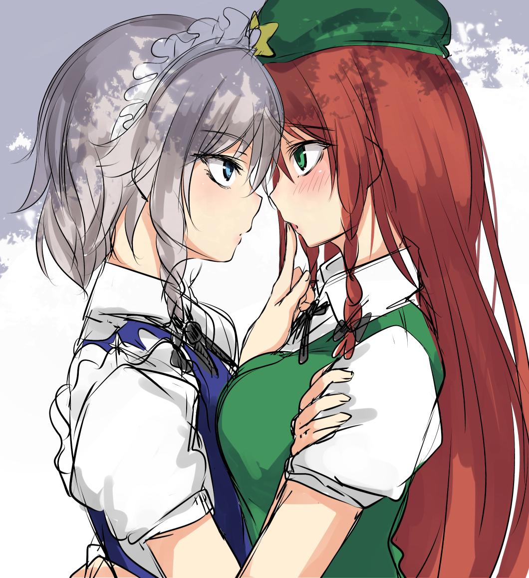 2girls asymmetrical_docking bangs beret black_neckwear black_ribbon blue_dress blue_eyes blush braid breast_press breasts commentary_request dress eye_contact eyebrows_visible_through_hair finger_to_another's_mouth from_side green_eyes green_headwear green_vest hair_between_eyes hat hong_meiling izayoi_sakuya large_breasts long_hair looking_at_another maid maid_headdress multiple_girls neck_ribbon paburisiyasu parted_lips profile puffy_short_sleeves puffy_sleeves redhead ribbon shirt short_hair short_sleeves silver_hair sketch star touhou twin_braids upper_body very_long_hair vest white_background white_shirt yuri