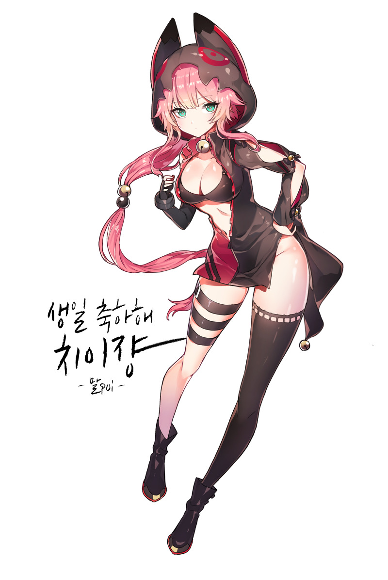 1girl artist_name asymmetrical_clothes bell black_bra black_footwear black_gloves black_hoodie black_legwear bra breasts chii_aruel cleavage collarbone elbow_gloves expressionless full_body gloves green_eyes hand_on_hip hood hoodie jingle_bell large_breasts leaning_forward long_hair looking_at_viewer low-tied_long_hair mal_poi pink_hair ponytail shiny shiny_skin shoes simple_background single_elbow_glove single_thighhigh solo soul_worker standing thigh-highs thighs underwear white_background