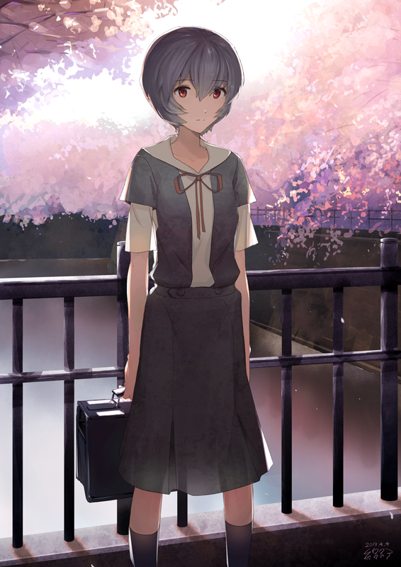 1girl 2019 ayanami_rei bag black_legwear dated eyebrows_visible_through_hair grey_skirt hair_between_eyes holding holding_bag kneehighs medium_skirt neck_ribbon neon_genesis_evangelion outdoors red_eyes red_ribbon ribbon school_bag see-through shirt short_hair short_sleeves silver_hair skirt solo standing wata5119 white_shirt